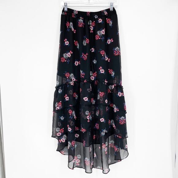 Express Hi Lo Black Floral Ruffle Skirt Size Medium - Picture 1 of 7